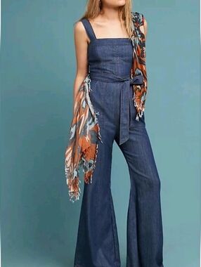 Anthropologie Denim Wide-Leg Jumpsuit with Waist Tie